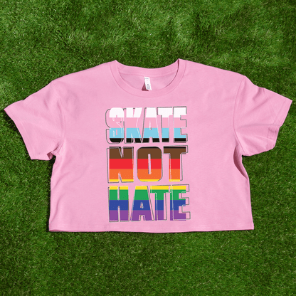 Bubblegum Pink AS Colour WO Crop t-shirt with 'SKATE NOT HATE' text in inclusive rainbow pride flag colours