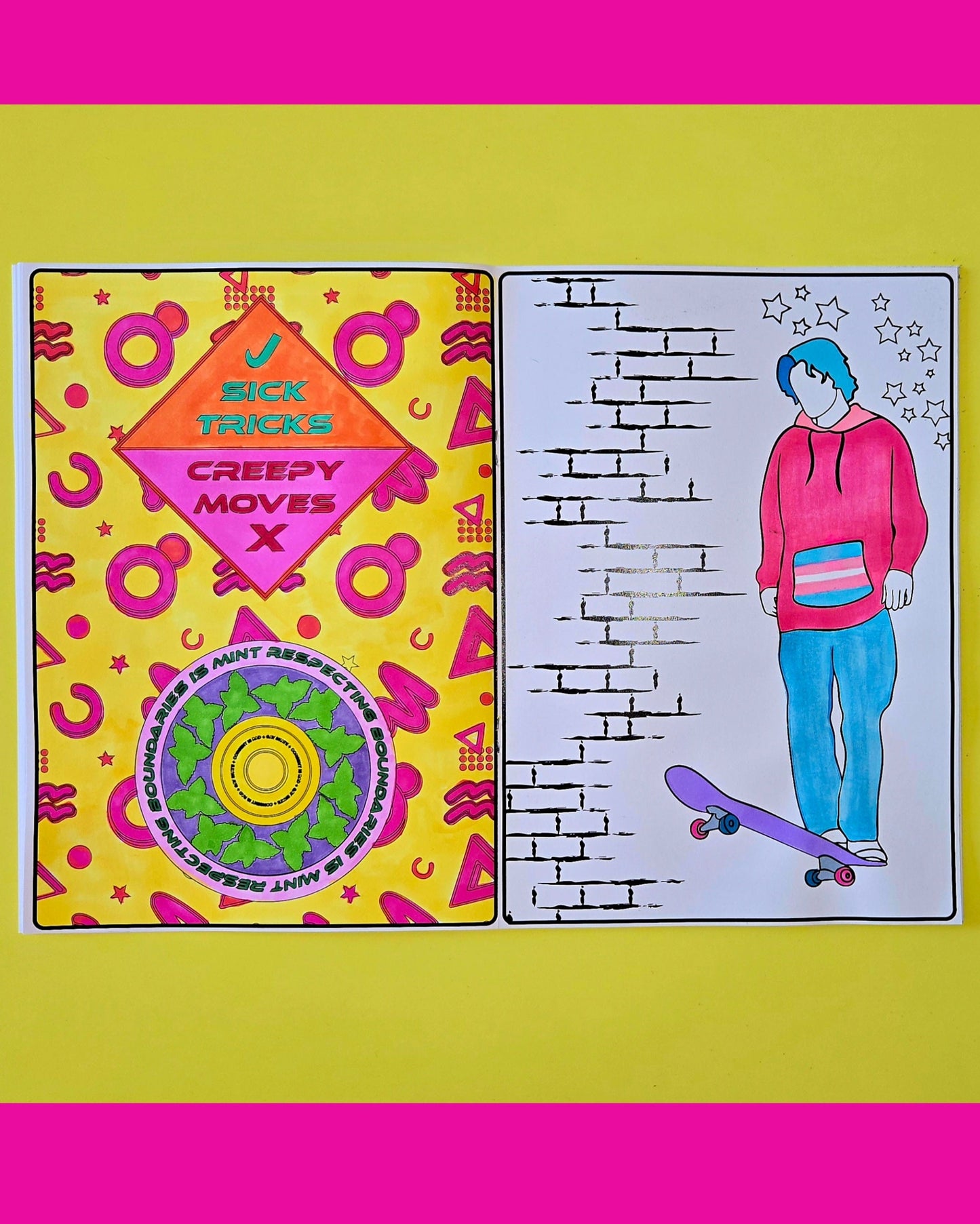 Two vibrant posters: one shows bold geometric patterns, while the other highlights a blue-haired skater in a pink hoodie against starry walls—capturing the playful spirit of Skate Not Hate - Pride Colouring Book.
