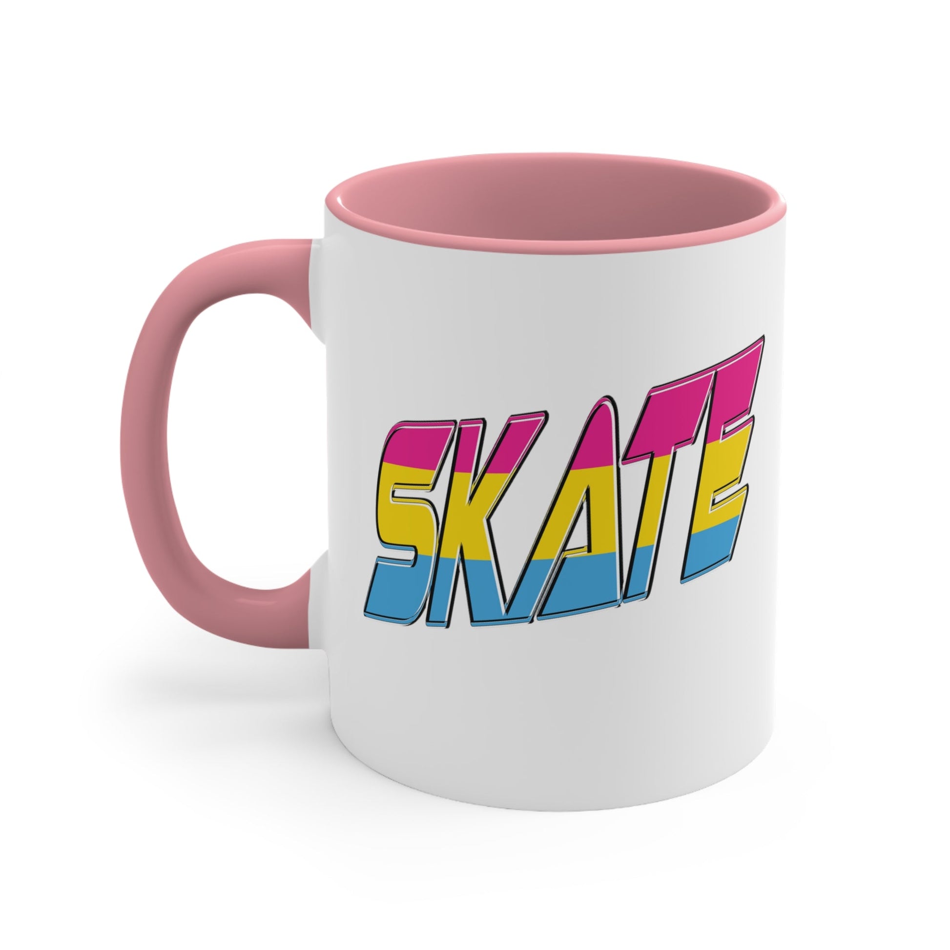 Introducing the "SKATE pansexual pride flag accent mug" by Printify—a white ceramic coffee mug highlighted with a black handle and interior. Adorned on the front are bold, colorful letters spelling "SKATE," featuring a gradient effect in pink, yellow, and blue that beautifully represents the pansexual pride flag.