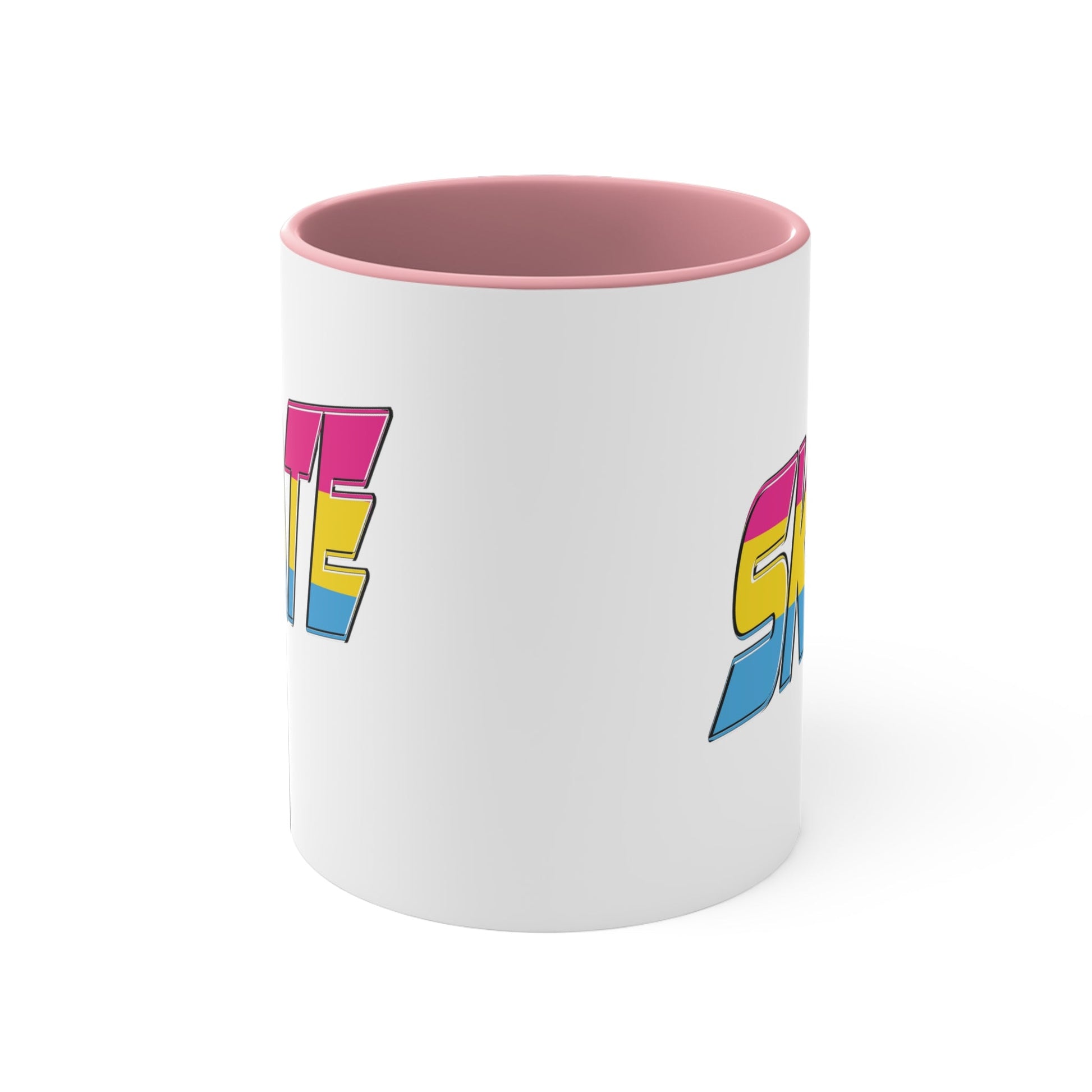 Introducing the "SKATE pansexual pride flag accent mug" by Printify—a white ceramic coffee mug highlighted with a black handle and interior. Adorned on the front are bold, colorful letters spelling "SKATE," featuring a gradient effect in pink, yellow, and blue that beautifully represents the pansexual pride flag.