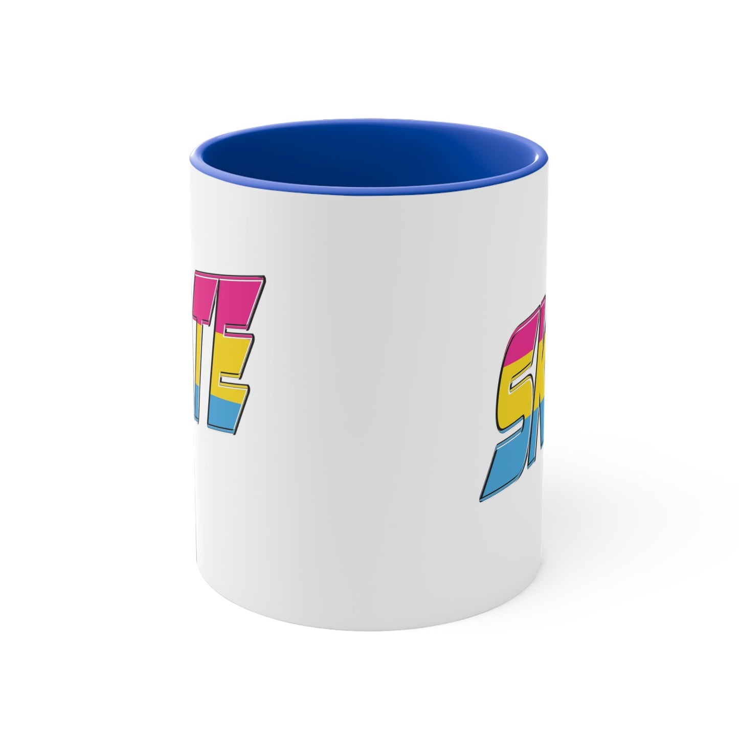 Introducing the "SKATE pansexual pride flag accent mug" by Printify—a white ceramic coffee mug highlighted with a black handle and interior. Adorned on the front are bold, colorful letters spelling "SKATE," featuring a gradient effect in pink, yellow, and blue that beautifully represents the pansexual pride flag.