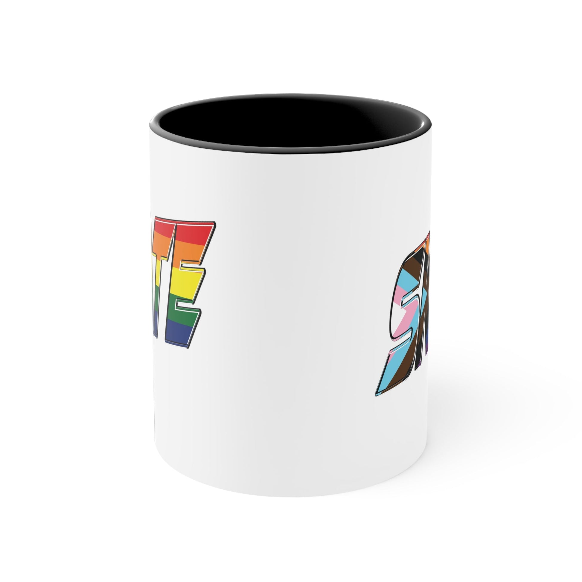 The SKATE progress pride flag accent mug by Printify features a white coffee mug with a red handle and a colorful interior. The front boldly displays the word "SKATE" in rainbow colors, including shades of blue, pink, white, and brown.