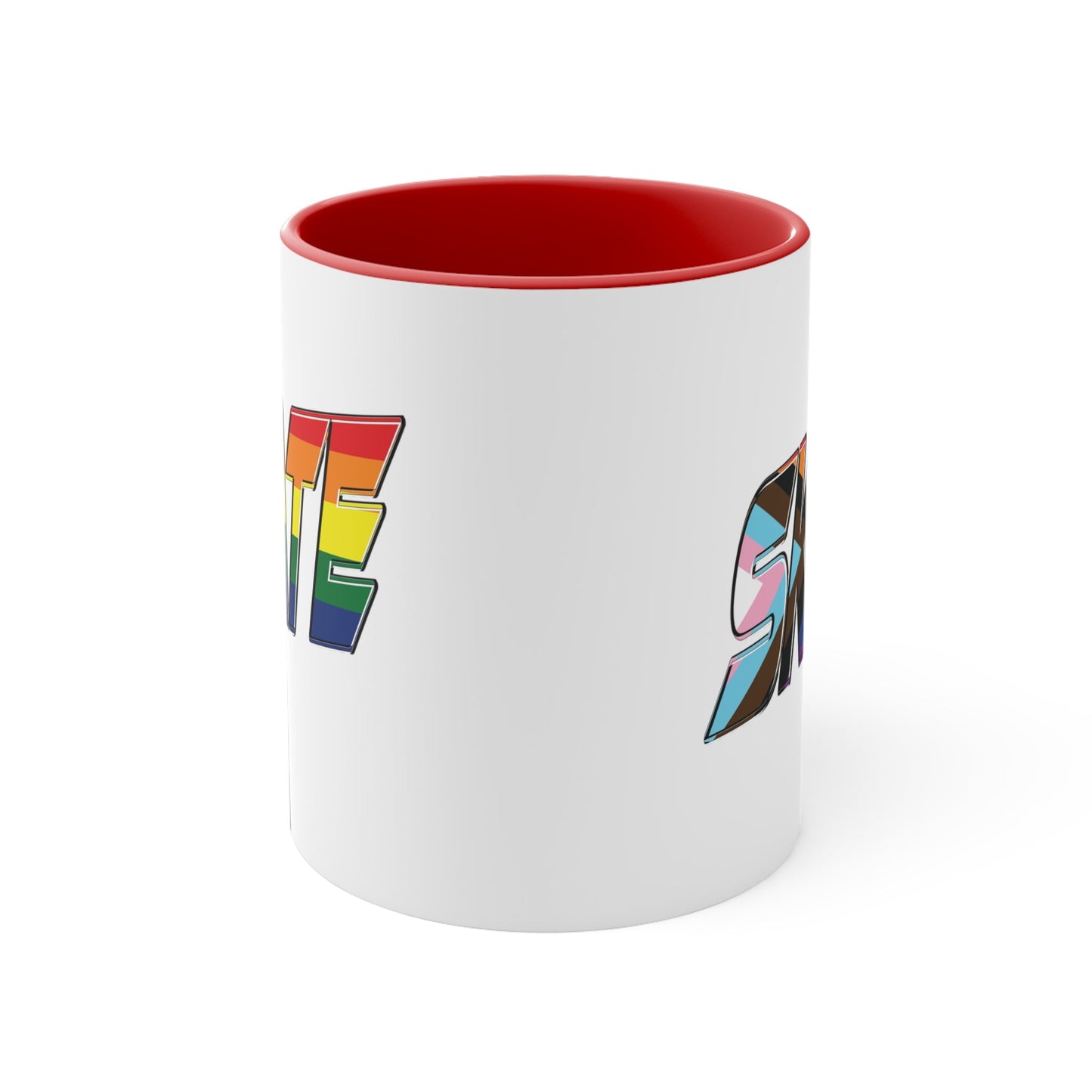 The SKATE progress pride flag accent mug by Printify features a white coffee mug with a red handle and a colorful interior. The front boldly displays the word "SKATE" in rainbow colors, including shades of blue, pink, white, and brown.