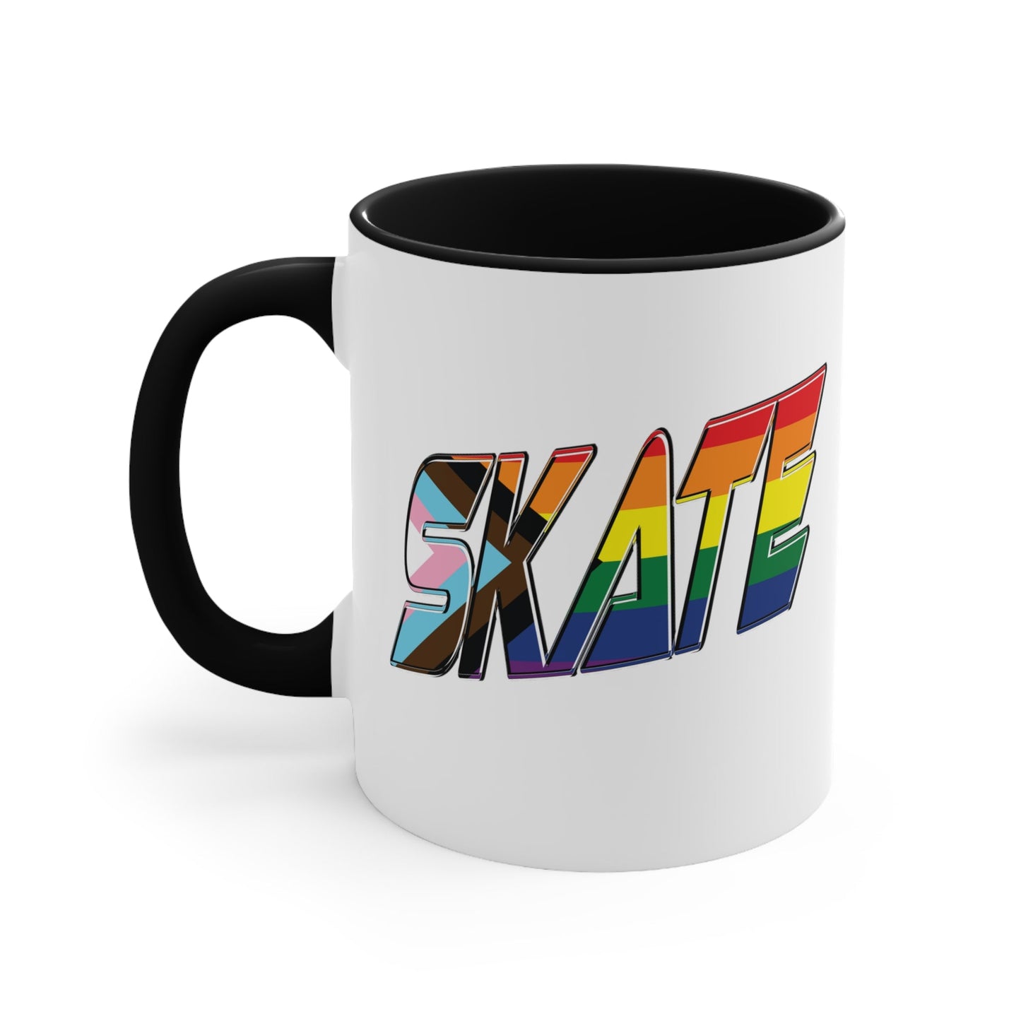 The SKATE progress pride flag accent mug by Printify features a white coffee mug with a red handle and a colorful interior. The front boldly displays the word "SKATE" in rainbow colors, including shades of blue, pink, white, and brown.