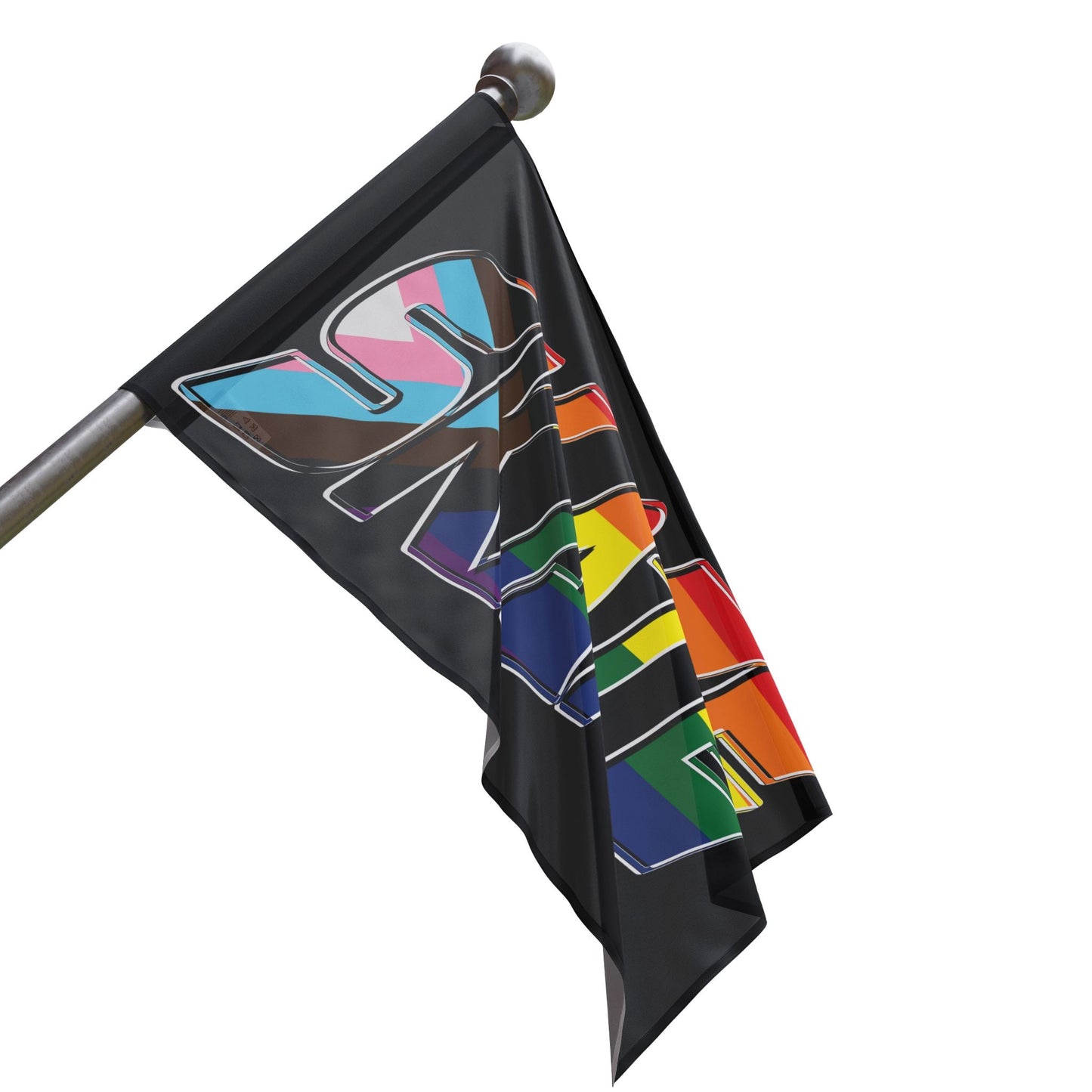 Introducing the SKATE progress pride original design flag - black by Printify. This rectangular flag features the word "SKATE" in bold and colorful letters that showcase various pride flag colors, including the rainbow Pride flag, the transgender flag, and the Progress Pride flag. Made from durable polyester organza with a satin finish, it’s perfect for displaying your queer skating pride.