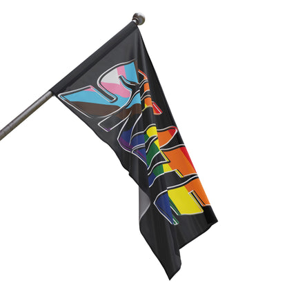 Introducing the SKATE progress pride original design flag - black by Printify. This rectangular flag features the word "SKATE" in bold and colorful letters that showcase various pride flag colors, including the rainbow Pride flag, the transgender flag, and the Progress Pride flag. Made from durable polyester organza with a satin finish, it’s perfect for displaying your queer skating pride.