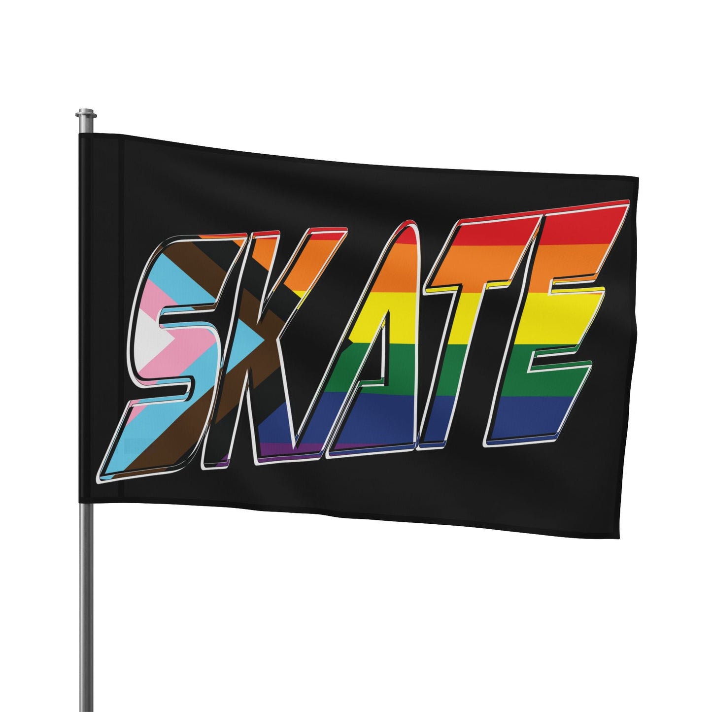 Introducing the SKATE progress pride original design flag - black by Printify. This rectangular flag features the word "SKATE" in bold and colorful letters that showcase various pride flag colors, including the rainbow Pride flag, the transgender flag, and the Progress Pride flag. Made from durable polyester organza with a satin finish, it’s perfect for displaying your queer skating pride.