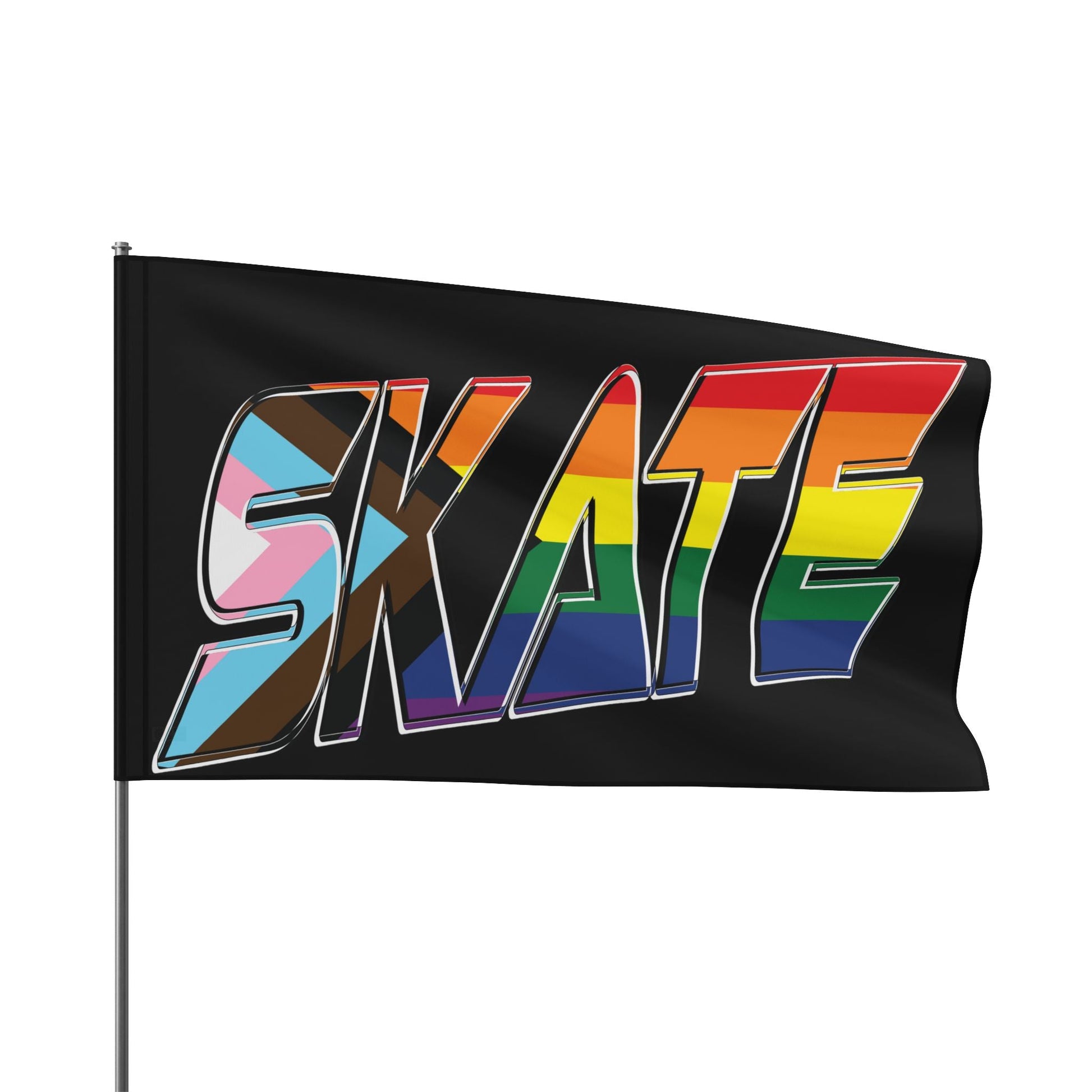 Introducing the SKATE progress pride original design flag - black by Printify. This rectangular flag features the word "SKATE" in bold and colorful letters that showcase various pride flag colors, including the rainbow Pride flag, the transgender flag, and the Progress Pride flag. Made from durable polyester organza with a satin finish, it’s perfect for displaying your queer skating pride.