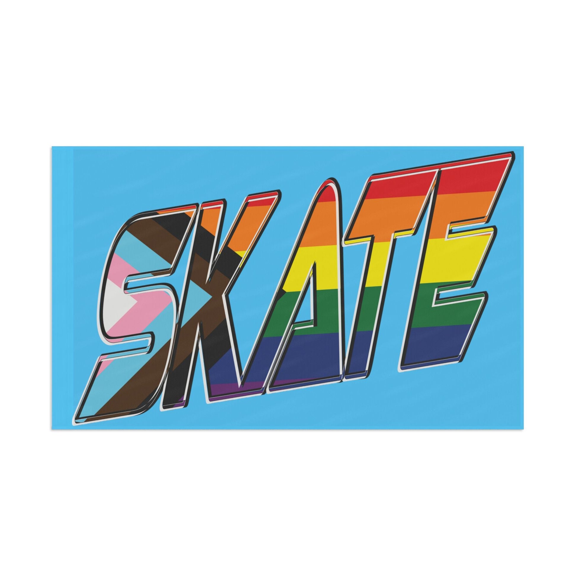 The "SKATE progress pride original logo flag - blue" by Printify features a light blue polyester organza material. The word "SKATE" is prominently displayed in large, bold letters, with each letter filled using segments of various LGBTQ+ pride flags, including the rainbow pride flag and the progress pride flag, celebrating queer skating pride.