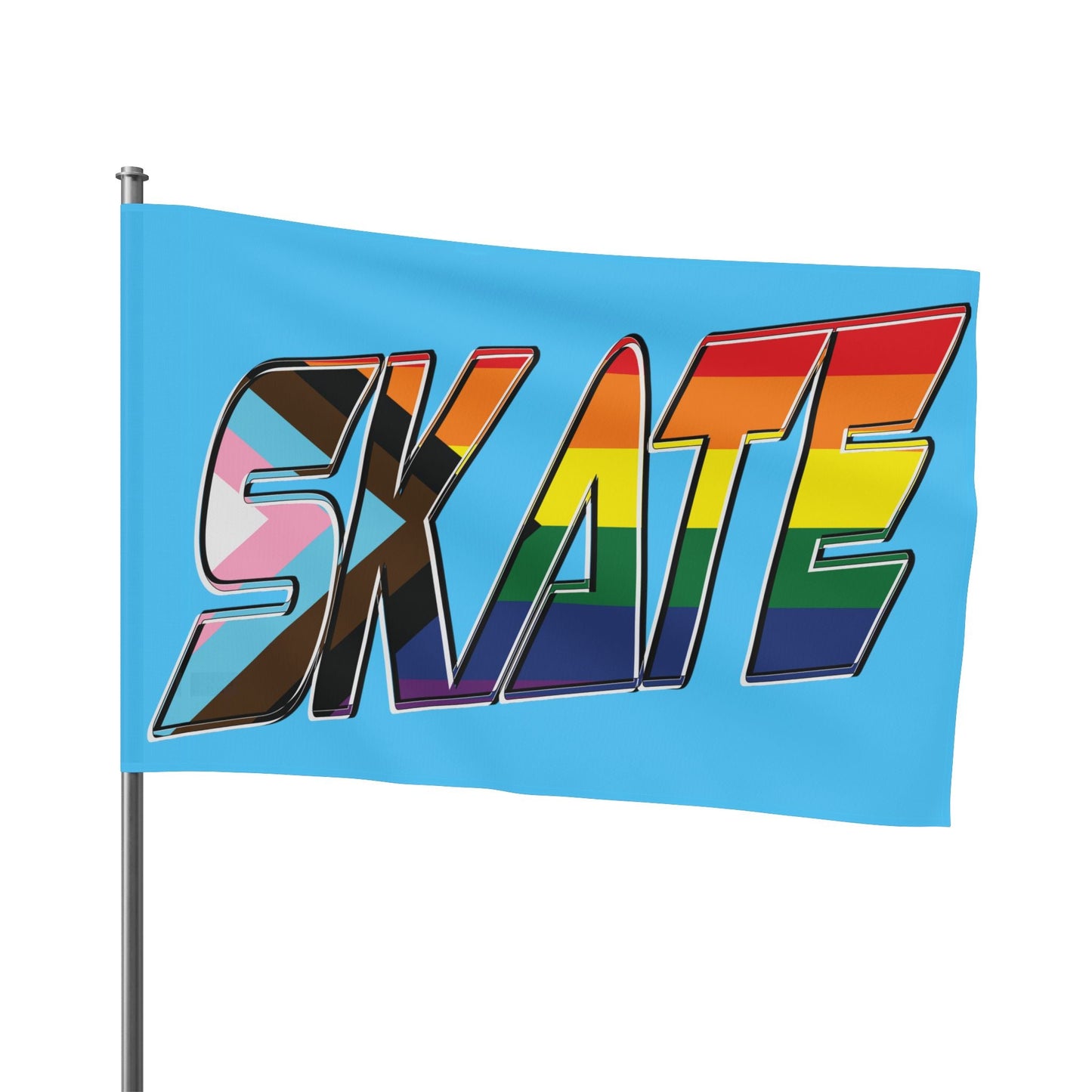 The "SKATE progress pride original logo flag - blue" by Printify features a light blue polyester organza material. The word "SKATE" is prominently displayed in large, bold letters, with each letter filled using segments of various LGBTQ+ pride flags, including the rainbow pride flag and the progress pride flag, celebrating queer skating pride.