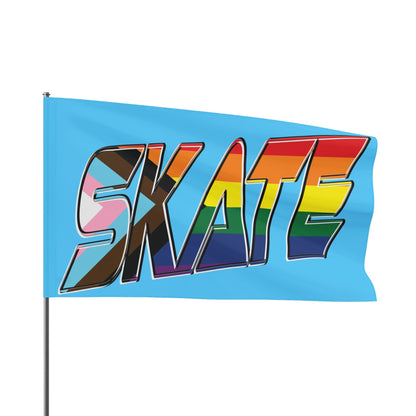 The "SKATE progress pride original logo flag - blue" by Printify features a light blue polyester organza material. The word "SKATE" is prominently displayed in large, bold letters, with each letter filled using segments of various LGBTQ+ pride flags, including the rainbow pride flag and the progress pride flag, celebrating queer skating pride.