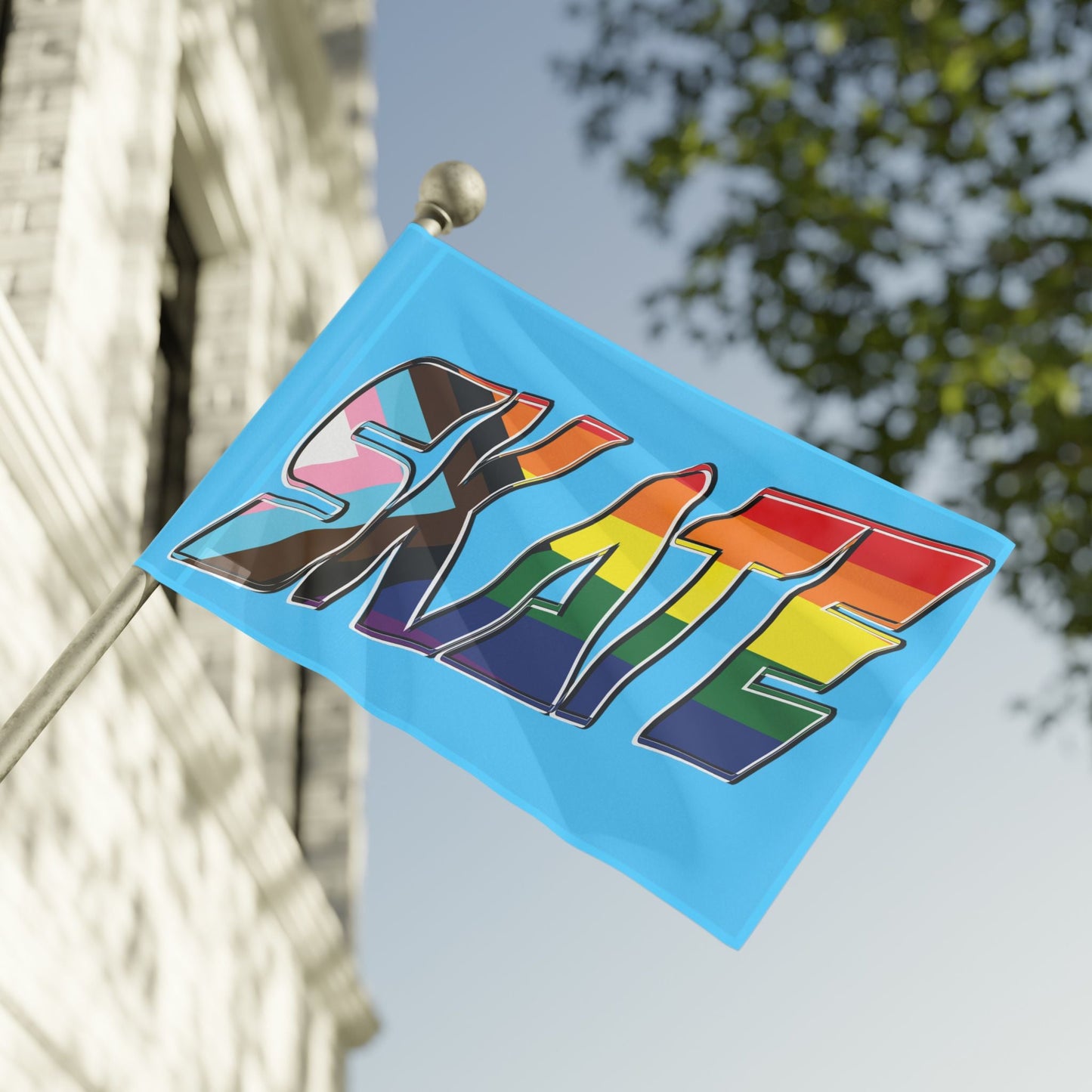 The "SKATE progress pride original logo flag - blue" by Printify features a light blue polyester organza material. The word "SKATE" is prominently displayed in large, bold letters, with each letter filled using segments of various LGBTQ+ pride flags, including the rainbow pride flag and the progress pride flag, celebrating queer skating pride.