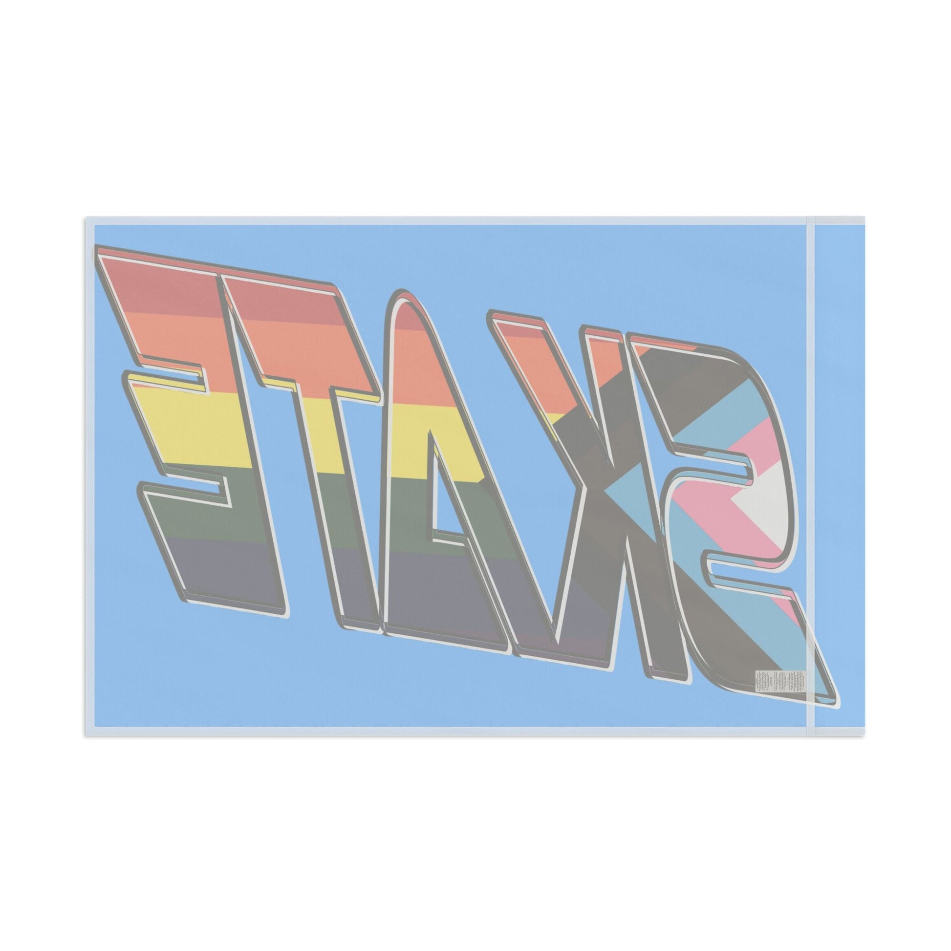 The "SKATE progress pride original logo flag - blue" by Printify features a light blue polyester organza material. The word "SKATE" is prominently displayed in large, bold letters, with each letter filled using segments of various LGBTQ+ pride flags, including the rainbow pride flag and the progress pride flag, celebrating queer skating pride.