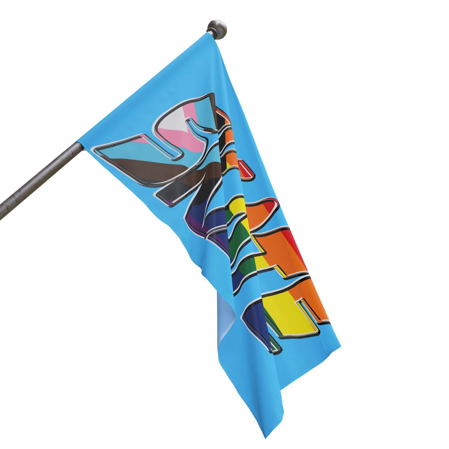 The "SKATE progress pride original logo flag - blue" by Printify features a light blue polyester organza material. The word "SKATE" is prominently displayed in large, bold letters, with each letter filled using segments of various LGBTQ+ pride flags, including the rainbow pride flag and the progress pride flag, celebrating queer skating pride.