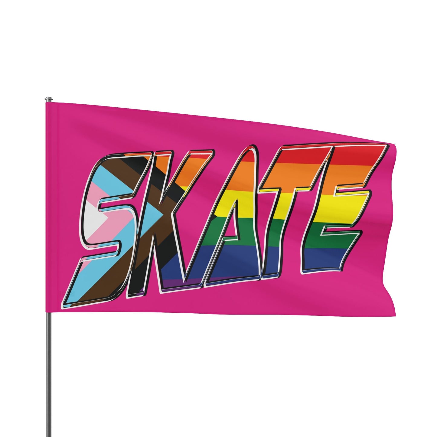 Gay Skate's SKATE progress pride original logo flag - on pink features a bold graphic with the multicolored rainbow pride word "SKATE" on a vibrant pink background. The letters are adorned in the colors of both the rainbow flag and the transgender pride flag, celebrating inclusivity and queer skating pride within the community.