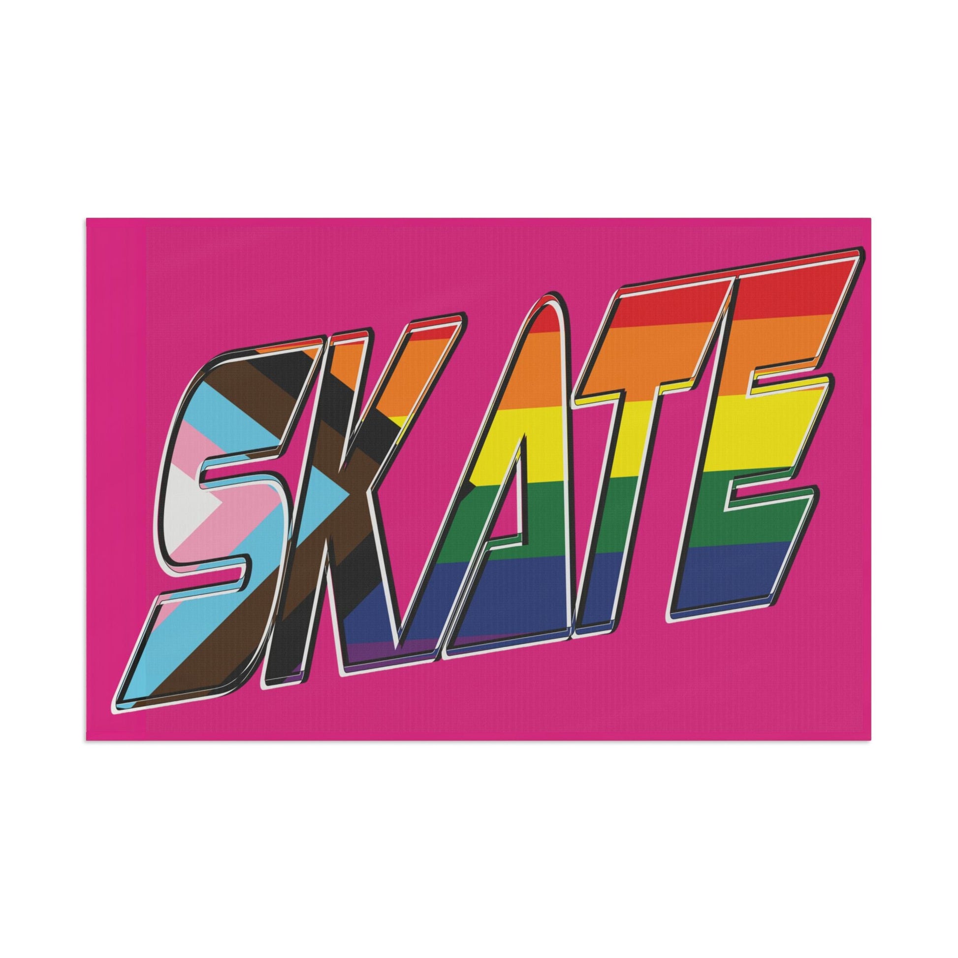 Gay Skate's SKATE progress pride original logo flag - on pink features a bold graphic with the multicolored rainbow pride word "SKATE" on a vibrant pink background. The letters are adorned in the colors of both the rainbow flag and the transgender pride flag, celebrating inclusivity and queer skating pride within the community.