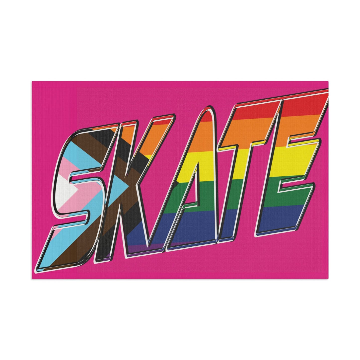 Gay Skate's SKATE progress pride original logo flag - on pink features a bold graphic with the multicolored rainbow pride word "SKATE" on a vibrant pink background. The letters are adorned in the colors of both the rainbow flag and the transgender pride flag, celebrating inclusivity and queer skating pride within the community.