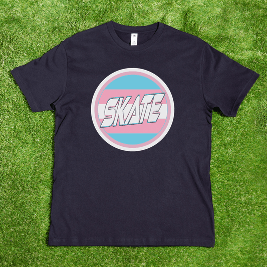 SKATE Trans Flag round logo - Local hand printed t-shirt - Gay SkateSKATE Trans Flag round logo - Local hand printed t-shirtT-ShirtGay SkateGay Skate