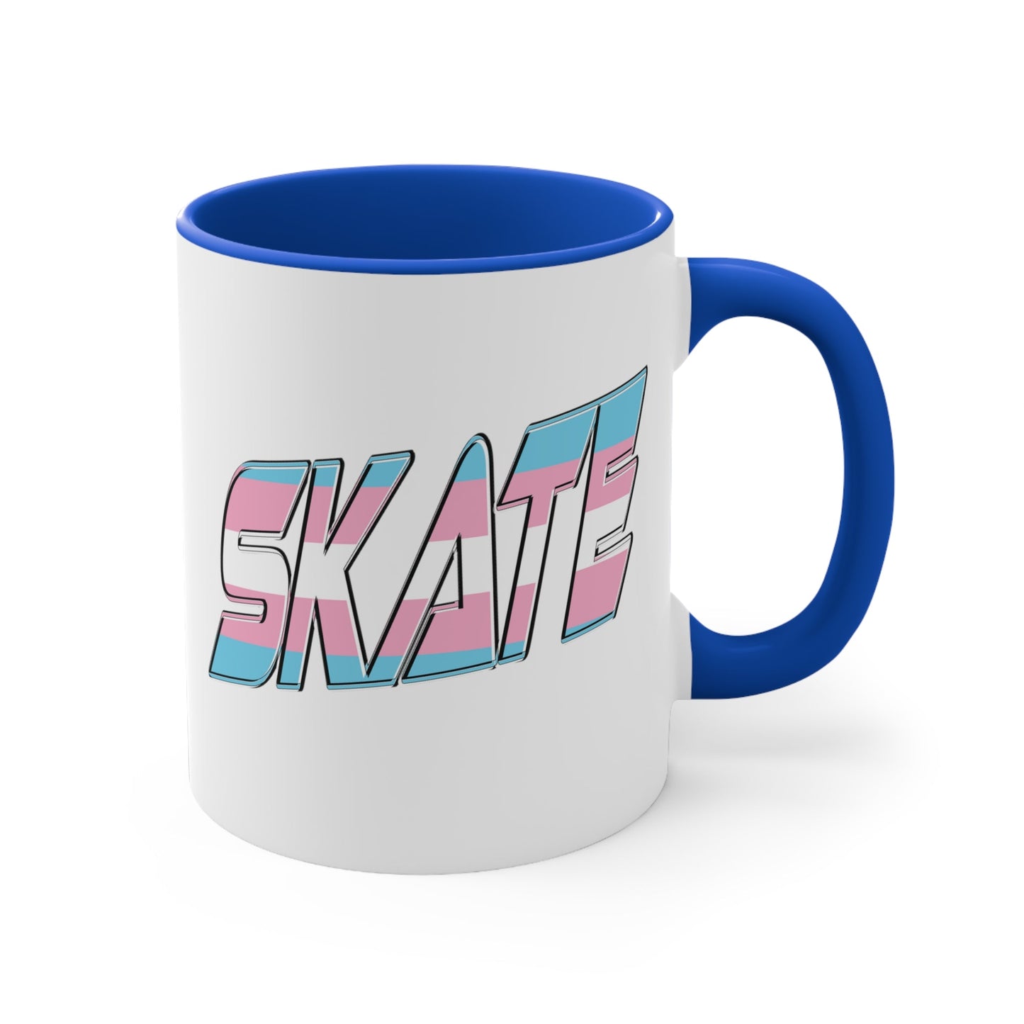 This SKATE trans pride flag accent mug by Printify features a white ceramic base with a blue handle and matching colorful interior. The word "SKATE" is emblazoned in bold letters, styled with vibrant pink and blue tones. Hand wash only to maintain its vivid design.