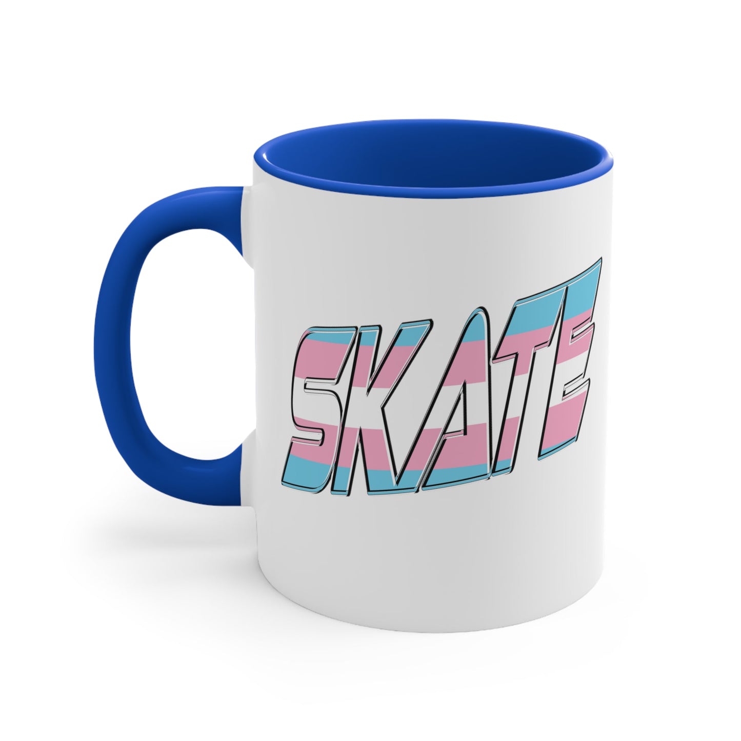 This SKATE trans pride flag accent mug by Printify features a white ceramic base with a blue handle and matching colorful interior. The word "SKATE" is emblazoned in bold letters, styled with vibrant pink and blue tones. Hand wash only to maintain its vivid design.