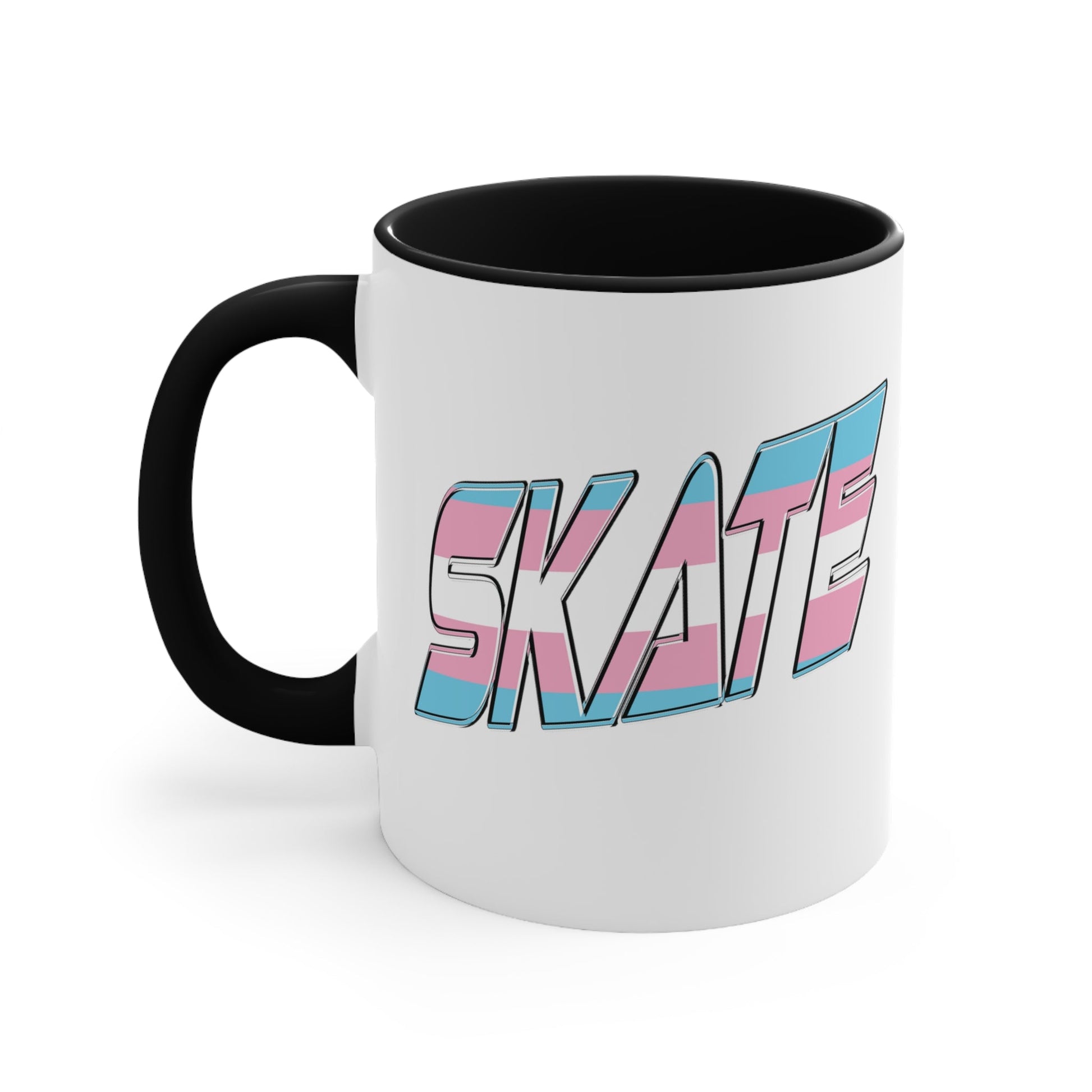 This SKATE trans pride flag accent mug by Printify features a white ceramic base with a blue handle and matching colorful interior. The word "SKATE" is emblazoned in bold letters, styled with vibrant pink and blue tones. Hand wash only to maintain its vivid design.