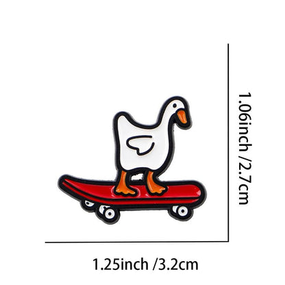 Enamel pin of a goose on a skateboard with measurements and weight details.
