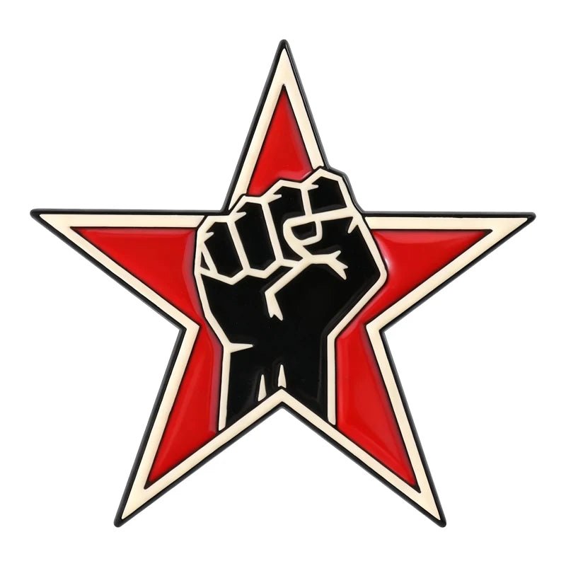 Red star with a black fist solidarity resistance antifa badge