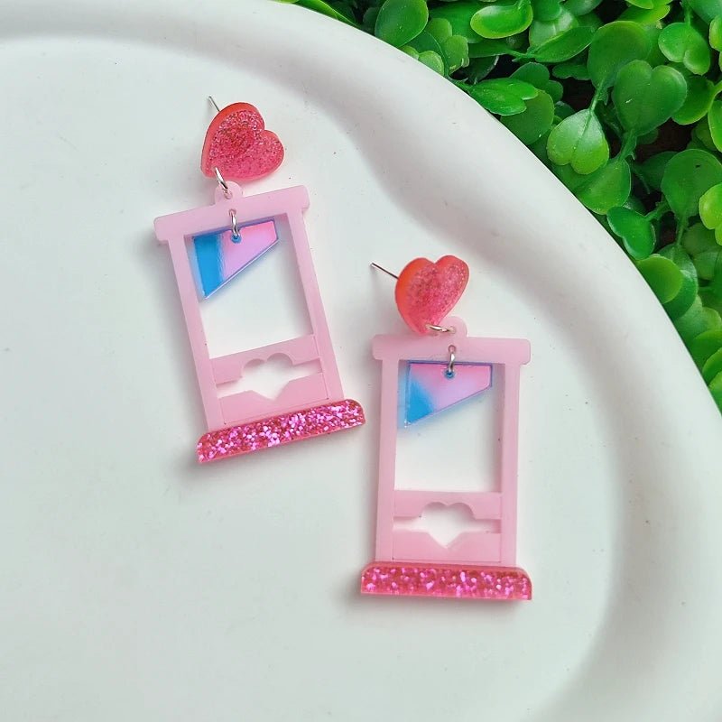 Pink and blue glitter heart and Guillotine earrings
