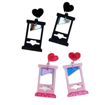 Pair of black and pink Guillotine earrings with heart and mirror