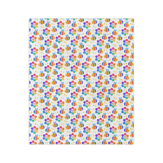 A vibrant and cheerful design showcasing trans and queer owned creativity, this Printify velveteen microfiber blanket features a subtle LGBTQ pride theme with flowers in red, purple, and yellow petals arranged in a grid-like formation on a white background.