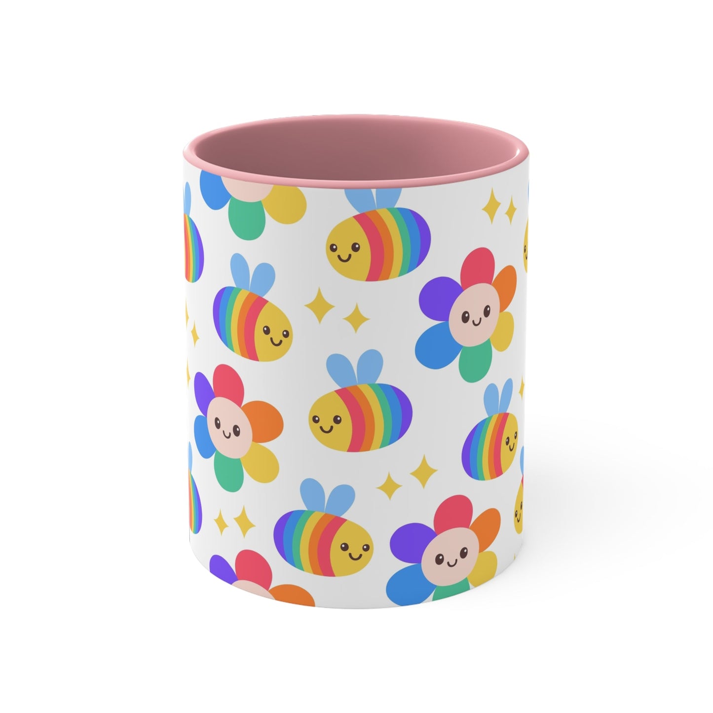 The Subtle Rainbow Pride - Flowers and Bees Colourful Accent Mug by Printify is a white ceramic mug with a red handle and colored interior, adorned with a vibrant pattern of adorable smiling bees and flower designs. The cheerful bees and flowers are rendered in bright rainbow colors reminiscent of the pride flag, with small yellow stars scattered throughout.