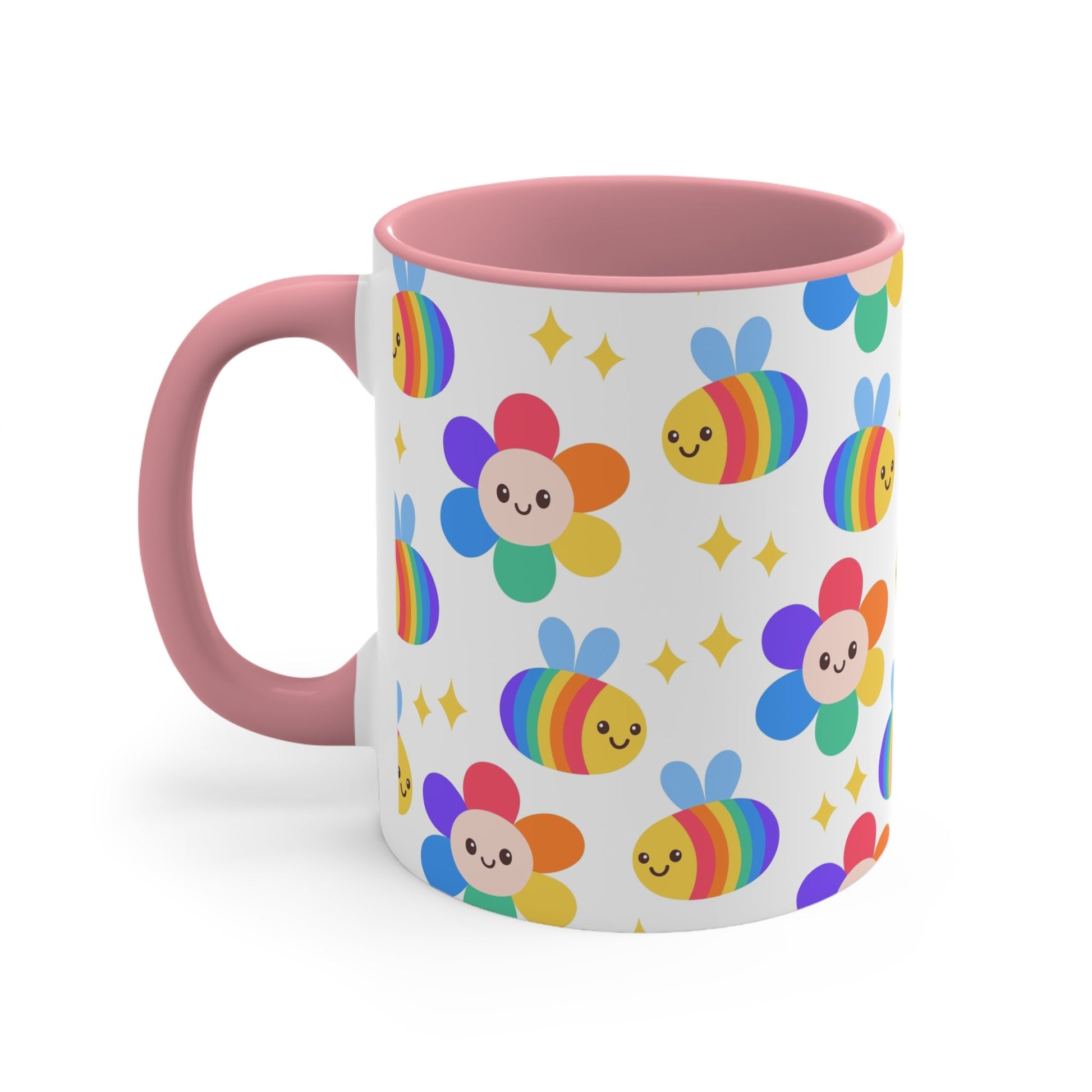 The Subtle Rainbow Pride - Flowers and Bees Colourful Accent Mug by Printify is a white ceramic mug with a red handle and colored interior, adorned with a vibrant pattern of adorable smiling bees and flower designs. The cheerful bees and flowers are rendered in bright rainbow colors reminiscent of the pride flag, with small yellow stars scattered throughout.