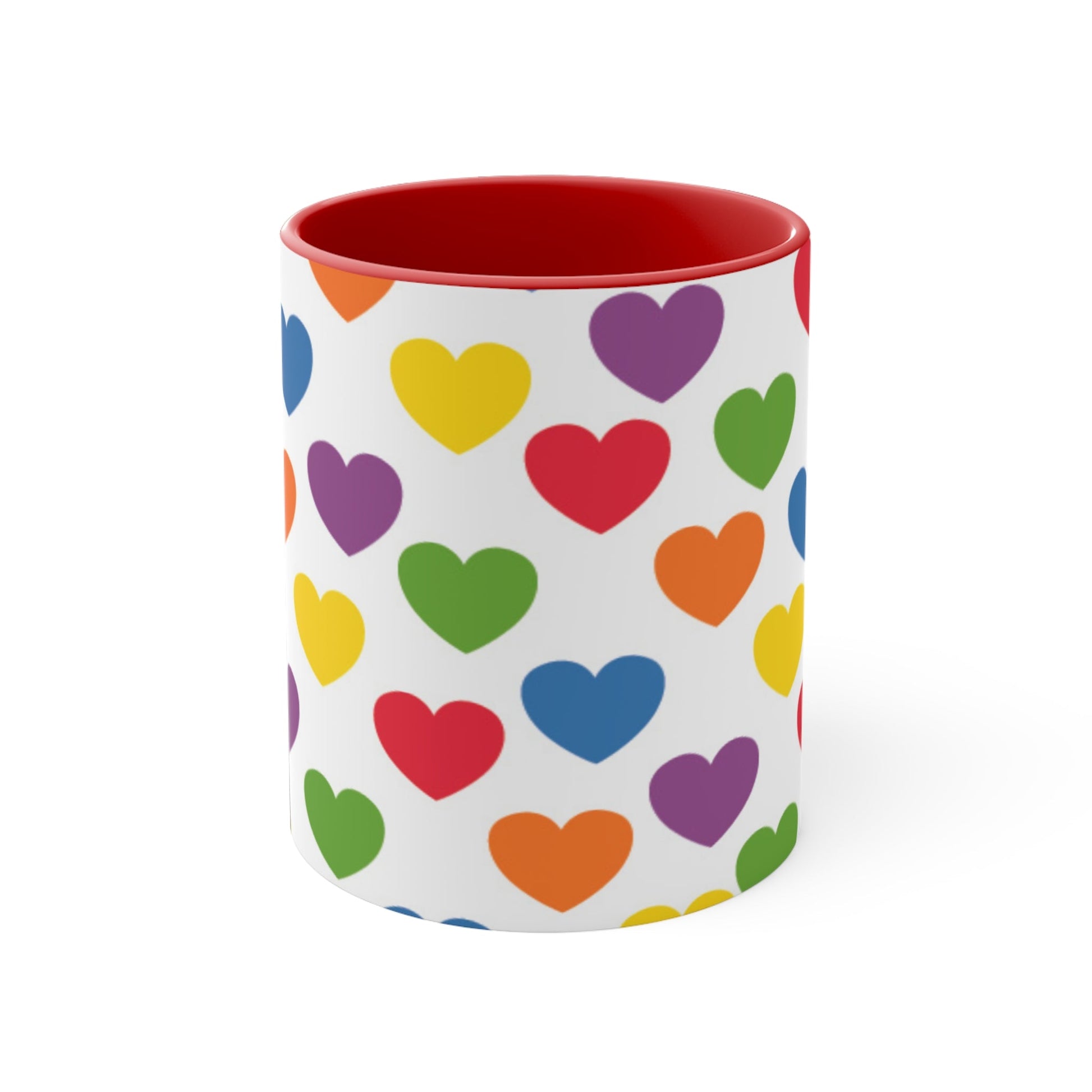 The Subtle Rainbow pride love hearts colourful accent mug by Printify is a white ceramic mug featuring a red handle and a colorful interior, adorned with heart patterns in the vibrant hues of the Rainbow pride flag: red, blue, green, yellow, orange, and purple.