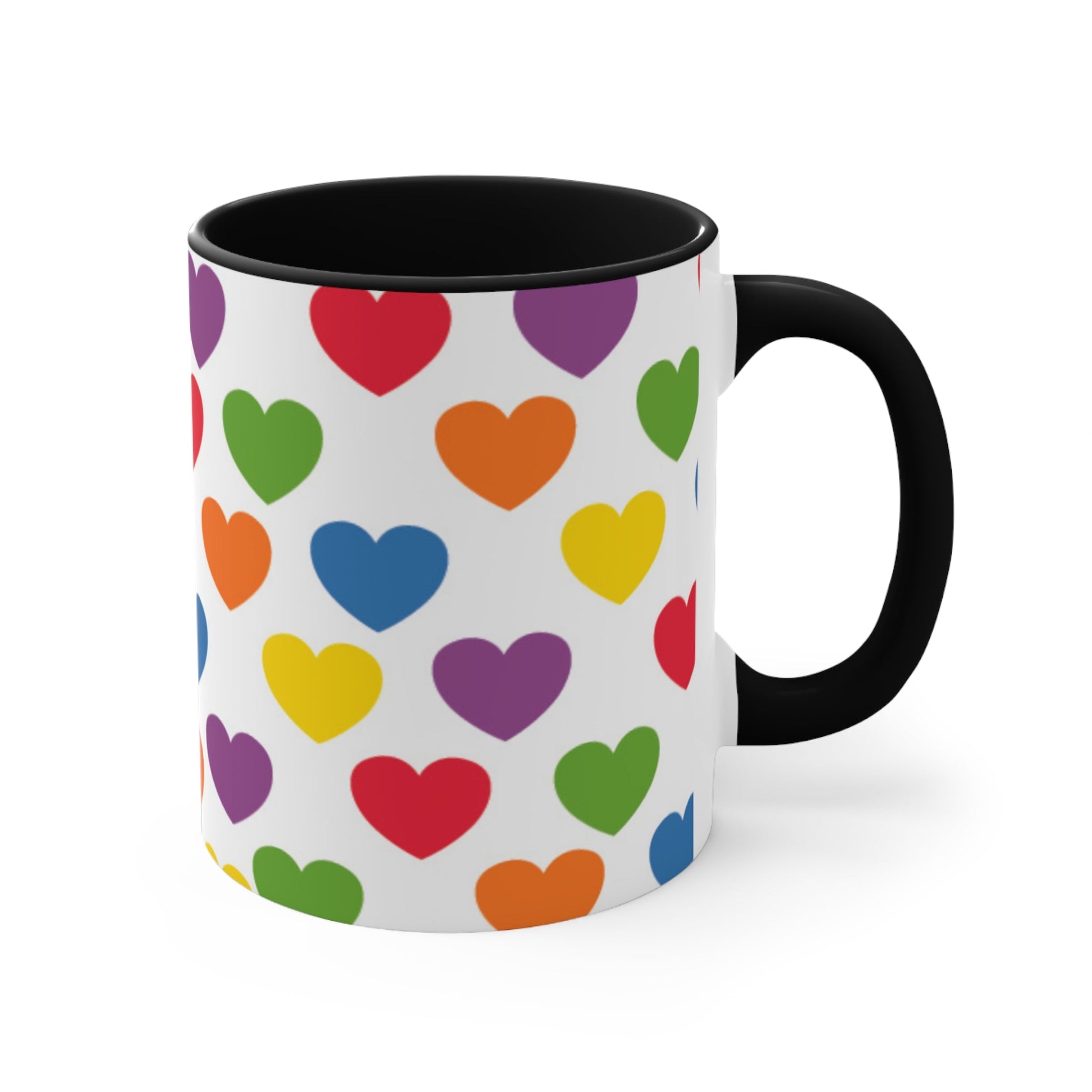 The Subtle Rainbow pride love hearts colourful accent mug by Printify is a white ceramic mug featuring a red handle and a colorful interior, adorned with heart patterns in the vibrant hues of the Rainbow pride flag: red, blue, green, yellow, orange, and purple.