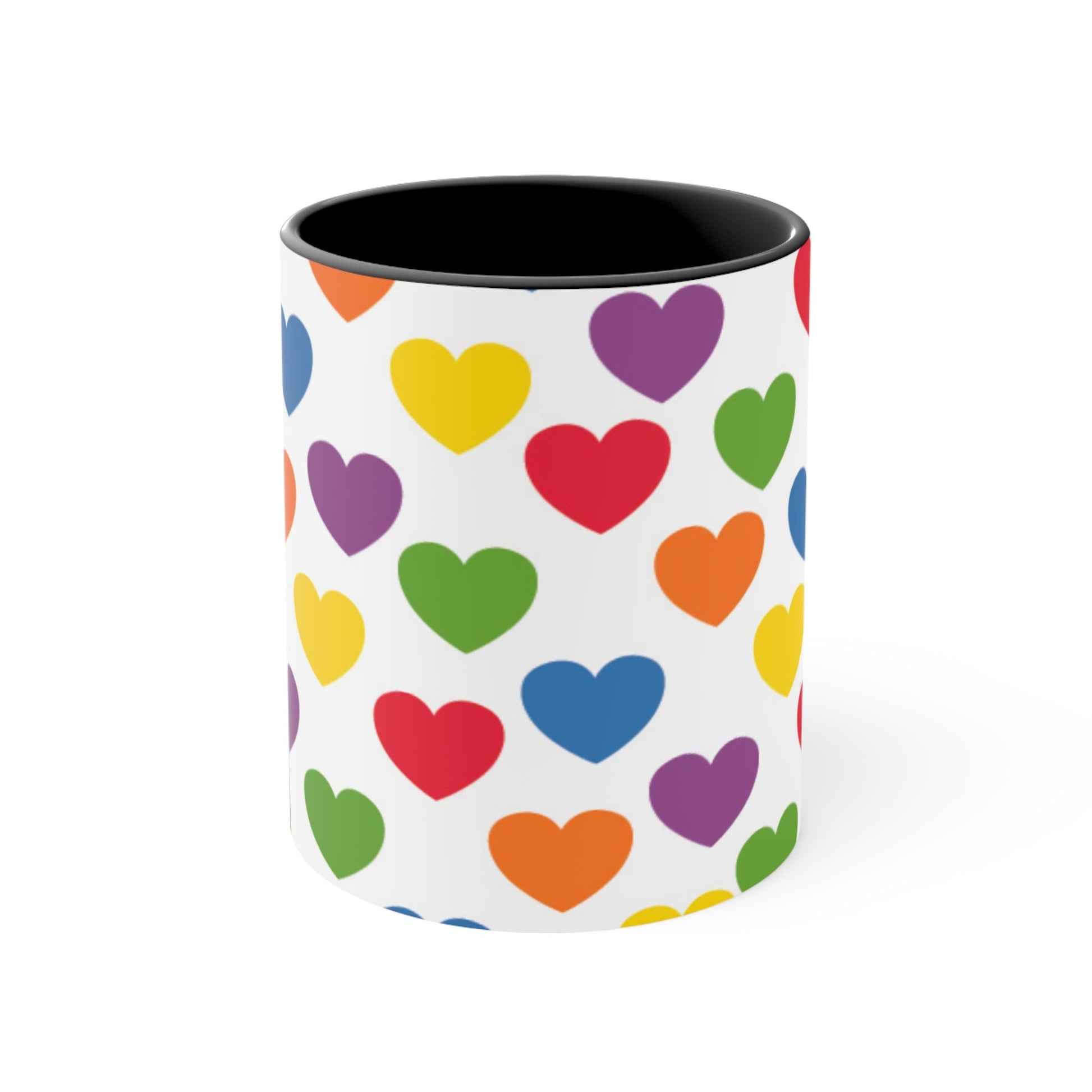 The Subtle Rainbow pride love hearts colourful accent mug by Printify is a white ceramic mug featuring a red handle and a colorful interior, adorned with heart patterns in the vibrant hues of the Rainbow pride flag: red, blue, green, yellow, orange, and purple.