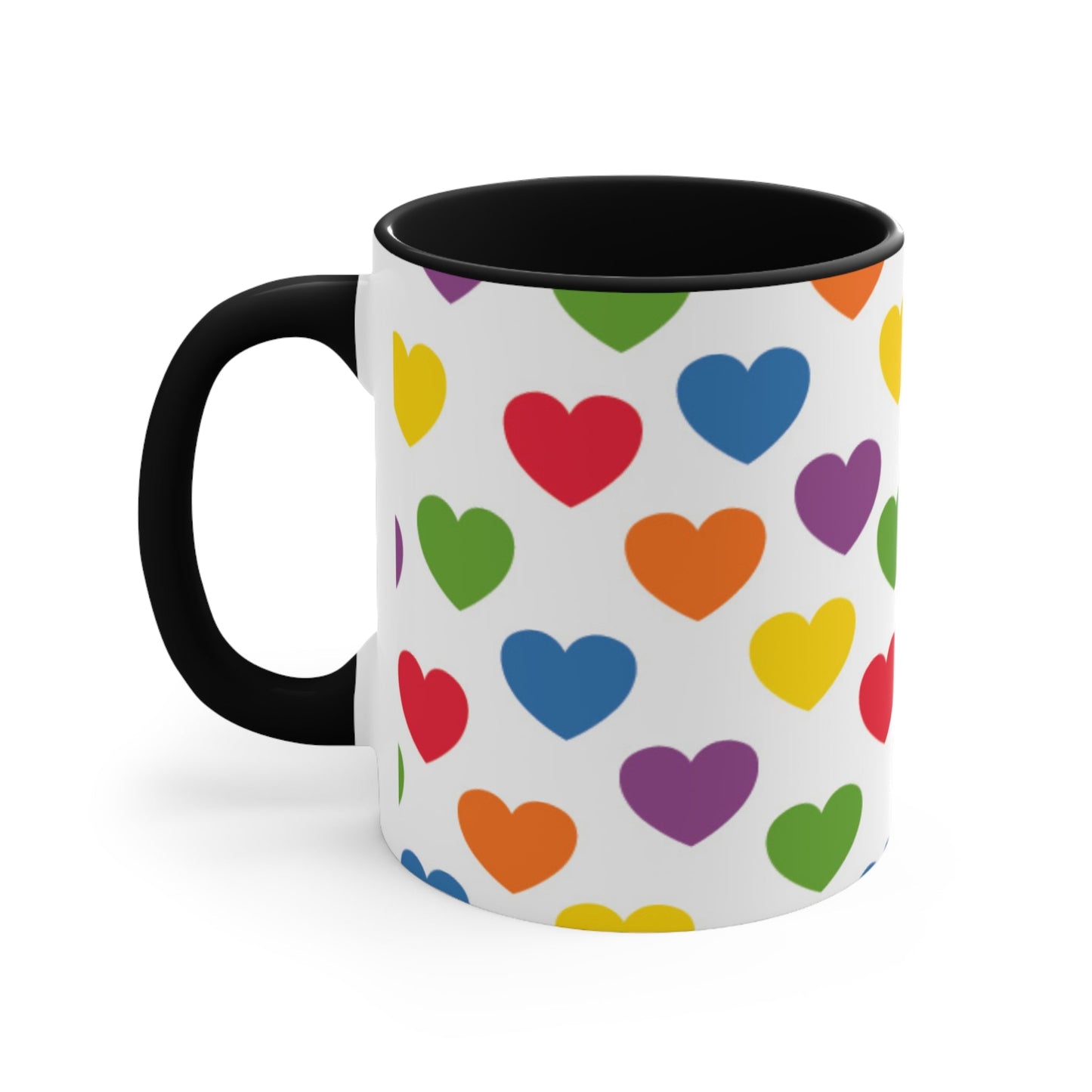 The Subtle Rainbow pride love hearts colourful accent mug by Printify is a white ceramic mug featuring a red handle and a colorful interior, adorned with heart patterns in the vibrant hues of the Rainbow pride flag: red, blue, green, yellow, orange, and purple.