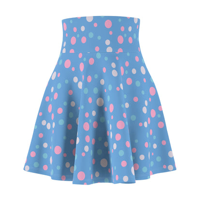 Add a stylish and supportive touch to your wardrobe with the Subtle Trans Pride Flag Polka Dot Skater Skirt. This vibrant piece showcases a playful design with pink, white, and blue polka dots on a blue backdrop. The fitted waist and A-line silhouette offer a flattering look while supporting a queer-owned business. Transgender pride flag skirt