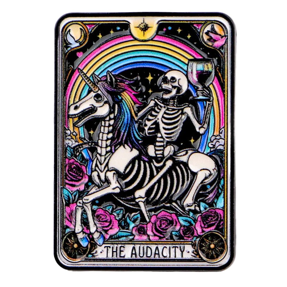 Tarot Card badge with skeleton on unicorn, rainbow, and roses
