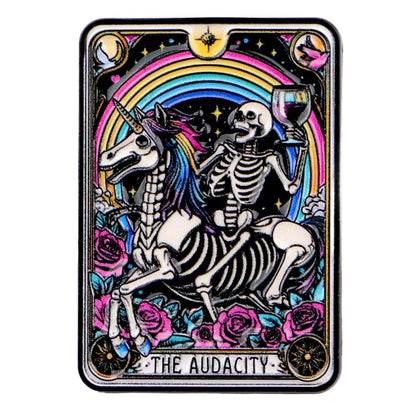 Tarot Card badge with skeleton on unicorn, rainbow, and roses