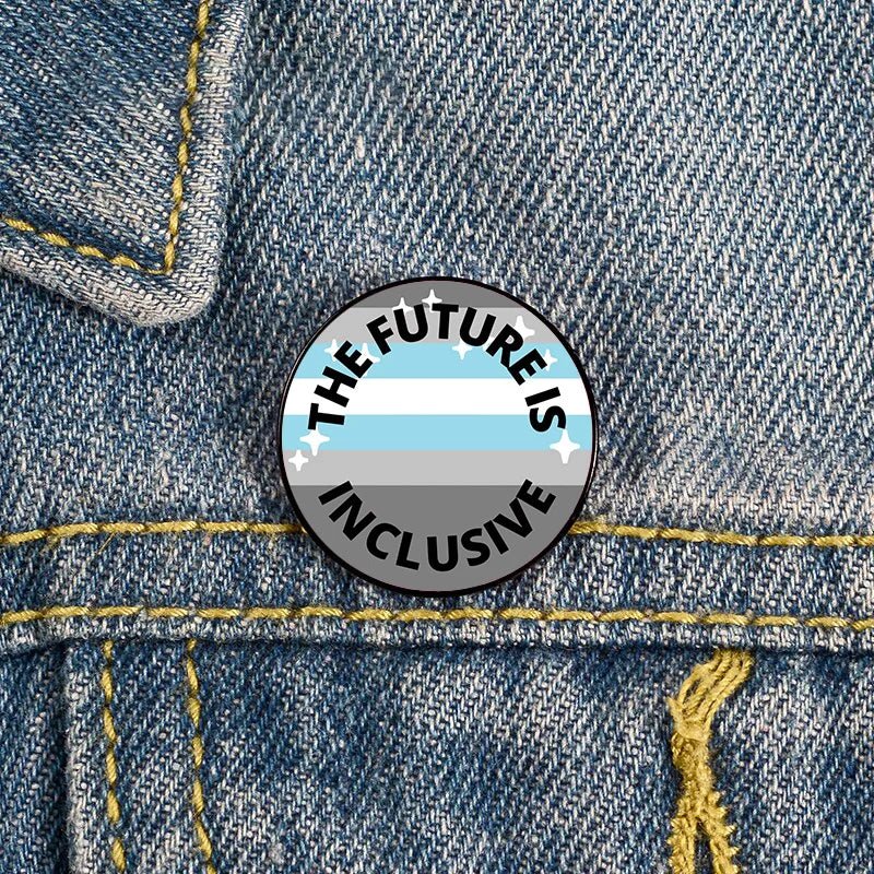 The Future Is Inclusive demiboy pride badge sized 2.3cm in size