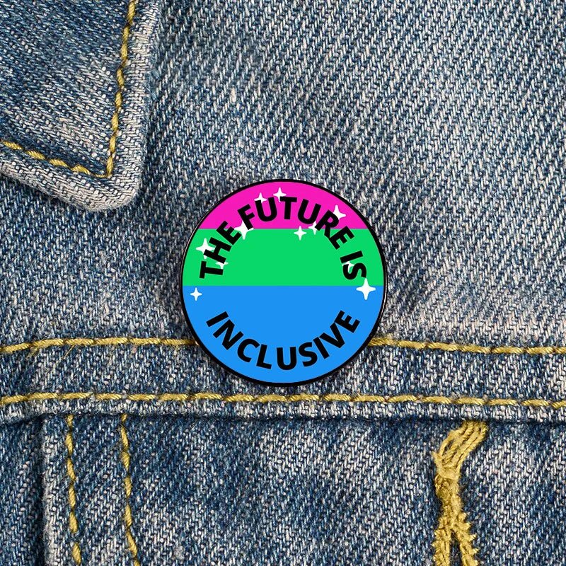 The Future Is Inclusive poly pride badge sized 2.3cm in size