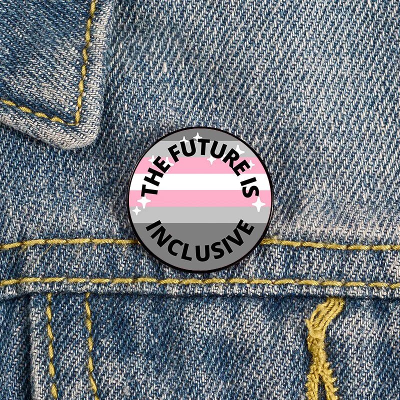 The Future Is Inclusive demigirl pride badge sized 2.3cm in size