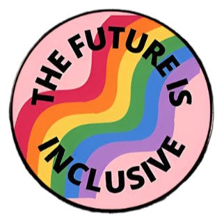 The Future Is Inclusive rainbow pride badge with a pink background sized 2.3cm in size