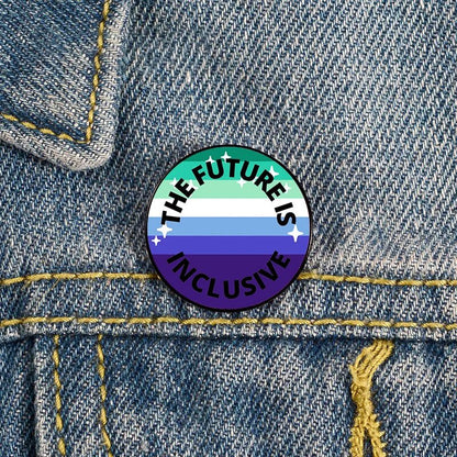 The Future Is Inclusive gay men pride badge sized 2.3cm in size