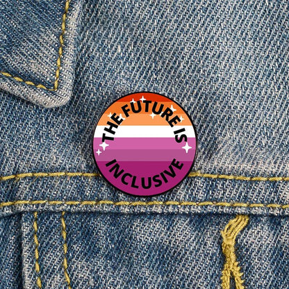 The Future Is Inclusive lesbian pride badge sized 2.3cm in size