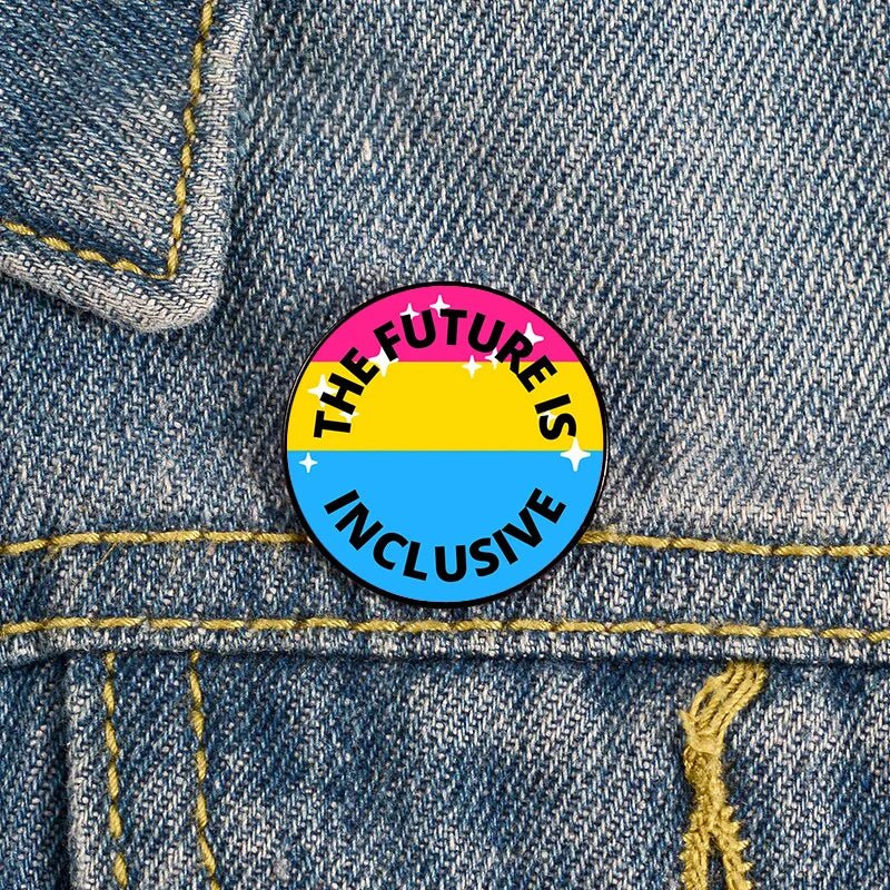 The Future Is Inclusive pansexual pride badge sized 2.3cm in size