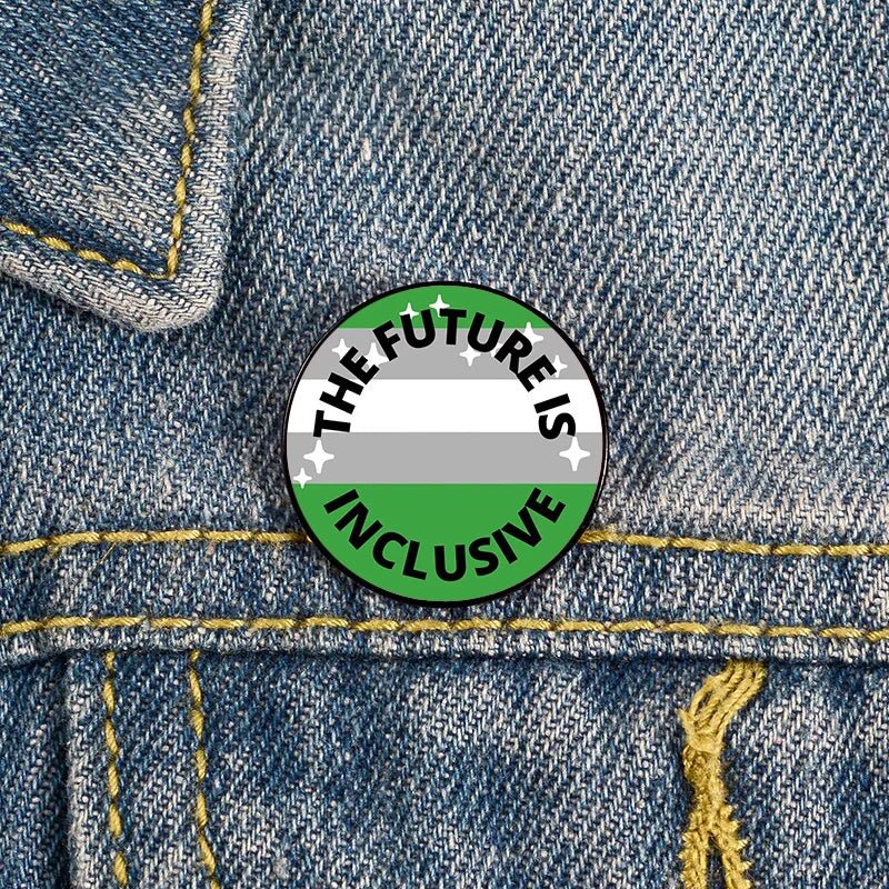 The Future Is Inclusive aromantic pride badge sized 2.3cm in size