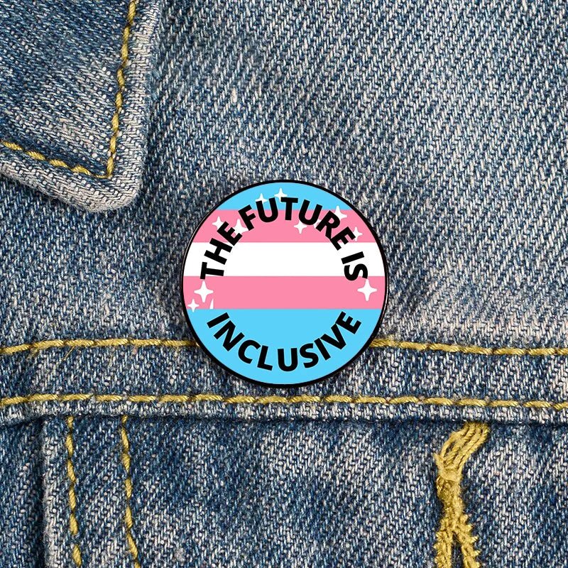 The Future Is Inclusive trans pride badge sized 2.3cm in size
