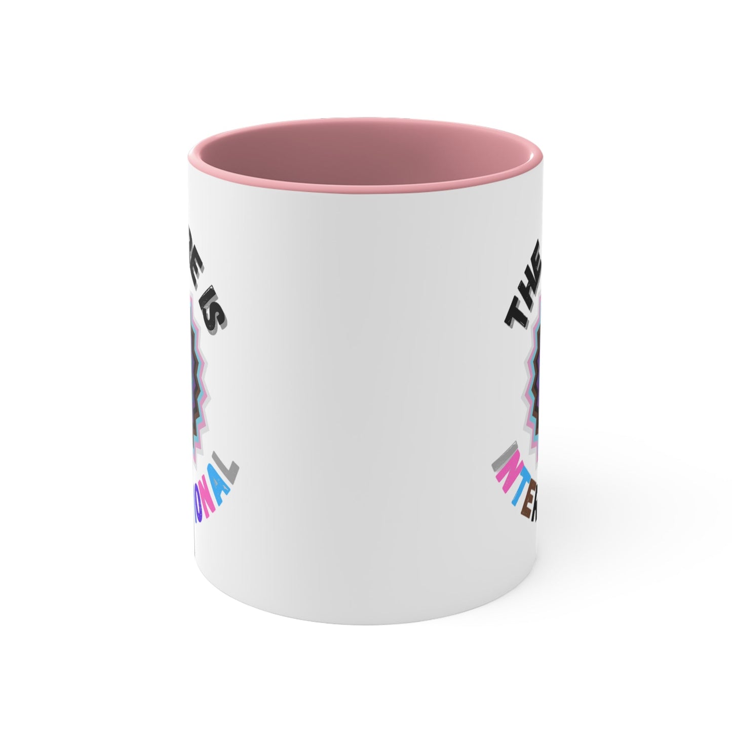 The Future Is Intersectional - original design - colourful accent mug by Printify is a white mug with a blue handle and interior, featuring an original star-shaped pattern in vibrant colors at the center. The text "THE FUTURE IS" appears above the pattern, and "INTERSECTIONAL" is displayed below in rainbow-colored letters, creating an eye-catching color contrast.