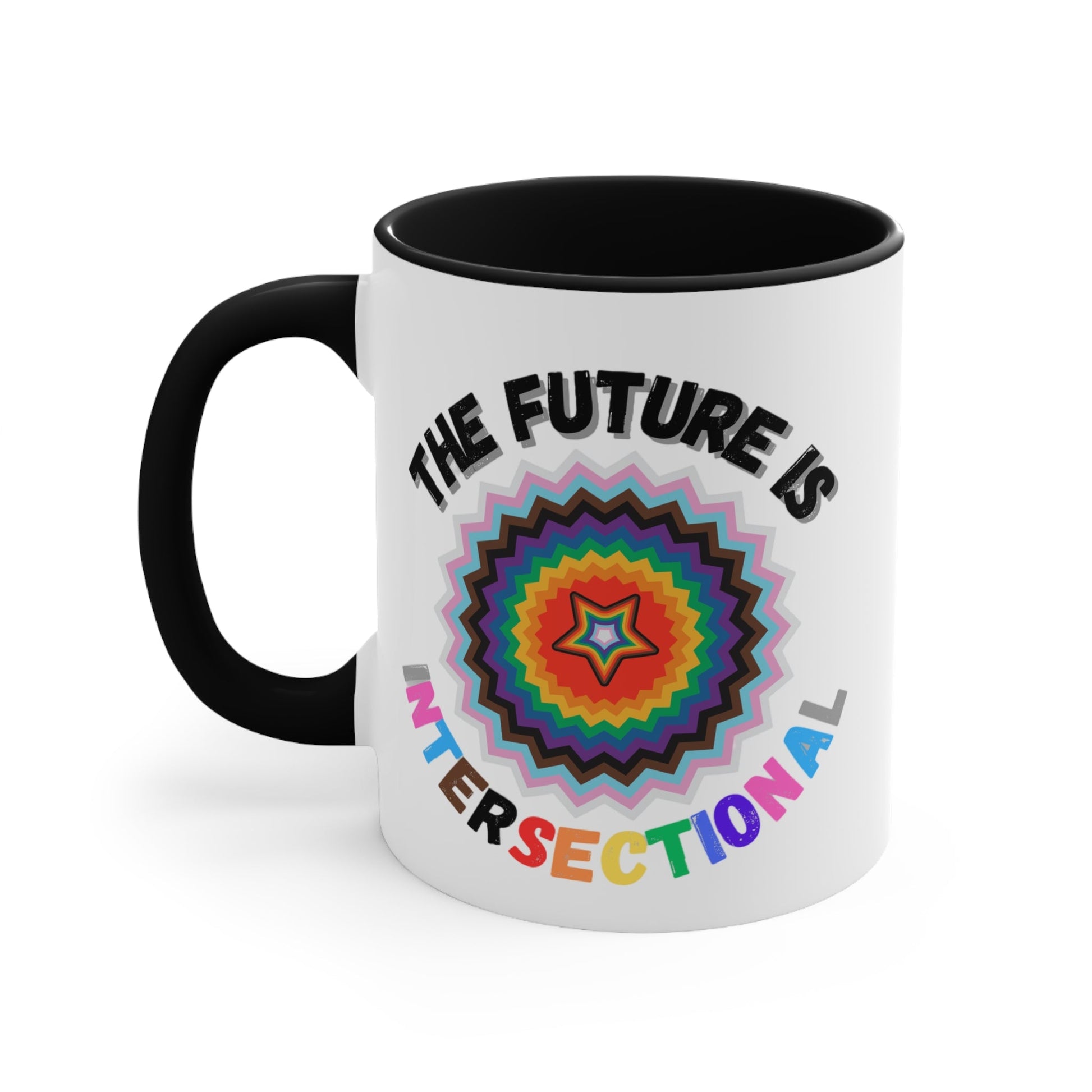 The Future Is Intersectional - original design - colourful accent mug by Printify is a white mug with a blue handle and interior, featuring an original star-shaped pattern in vibrant colors at the center. The text "THE FUTURE IS" appears above the pattern, and "INTERSECTIONAL" is displayed below in rainbow-colored letters, creating an eye-catching color contrast.